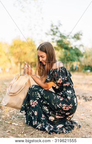 Caucasian Girl Holds Linen Shopper On Sunset Outdoors. Zero Waste Eco Friendly Conscious