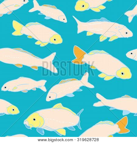 Wavy Sealife Goldfish Koi Seamless Pattern. With Carp Fish In Tones Of Pink And Yellow. Modern, Grap