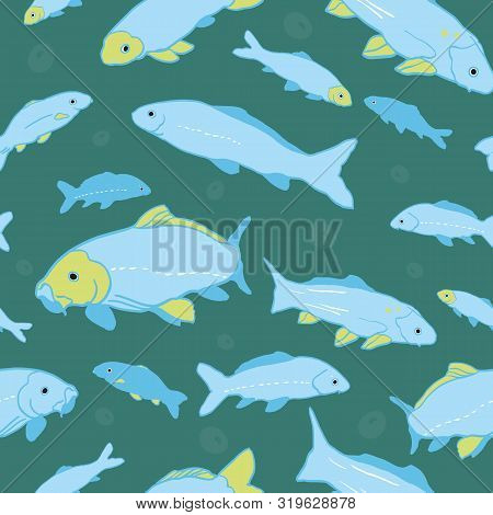 Wavy Sealife Goldfish Koi Seamless Pattern. With Air Bubble And Fish In Tones Of Blue And Green. Mod