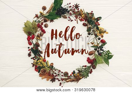 Hello Autumn Text, Fall Greeting Sign On Autumn Wreath Of Fall Leaves, Red Berries, Acorns, Anise, N