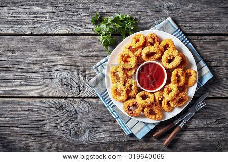 Crispy Calamari Rings, Deep-fried Breaded Squid Rings Served With Tomato Sauce On A White Plate On A