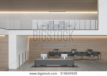 Interior Of Modern Two Storey Office With White And Wooden Walls, Concrete Floor, Open Space Area Wi