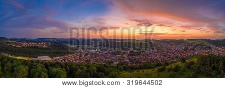 Beautiful Mountain Sunset Scenery With A German Town In Baden W Rtemberg Called Albstadt.