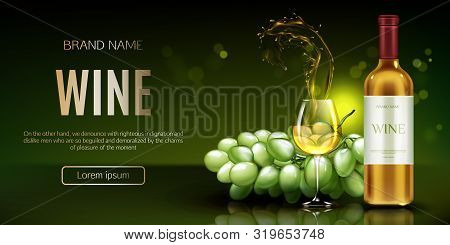 White Wine Bottle, Glass With Splash And Bunch Of Grapes Mockup Banner. Closed Flask And Wineglass M