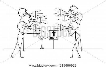 Vector Cartoon Stick Figure Drawing Conceptual Illustration Of Two Groups Of People With Loudspeaker