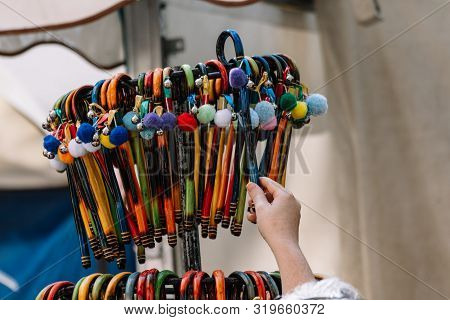 Close Up Of Hand Crafted Souvenirs Made It By Wood