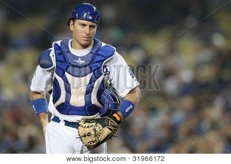 LOS ANGELES - 17 SEPT: Dodgers catcher (17) A.J. Ellis under Rockies vs Dodgers spelet på Sept 