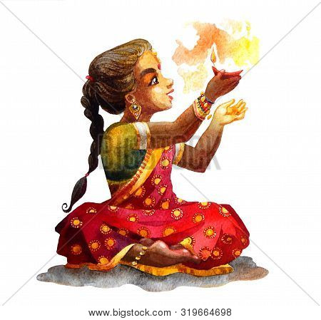 Watercolor Cute Indian Little Girl Holding Diya