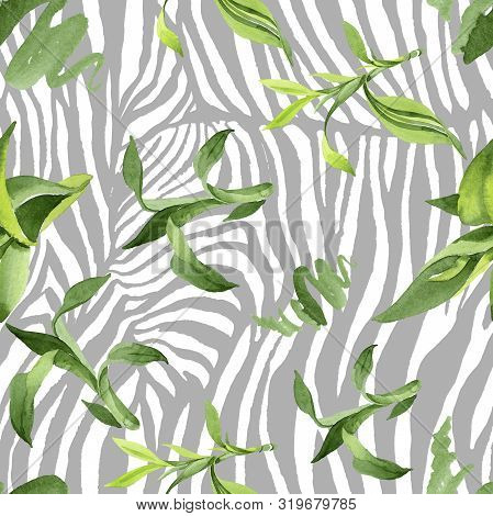 Bamboo Green Leaves. Watercolor Background Illustration Set. Seamless Background Pattern.
