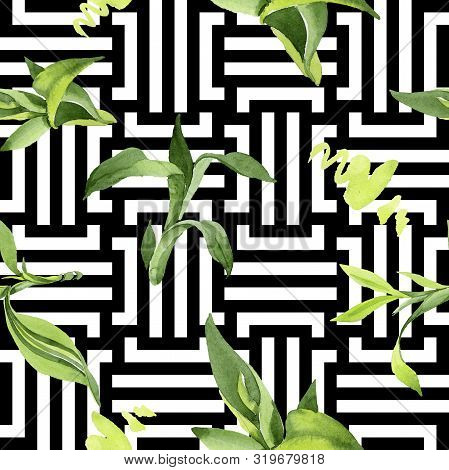 Bamboo Green Leaves. Watercolor Background Illustration Set. Seamless Background Pattern.