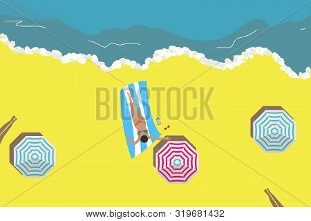 Beach Top View Background With Sunbathers Women. Vector Illustration.