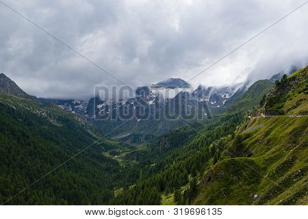 Photo Of Passo Rombo On A Gloomy Day In August With River Meadows, Pines, Pebbles And Breathtaking V
