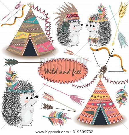 Tribal Collections Set With Teepee Tens, Arrows, Feathers, Tribal Borders, Indian Hedgehog And Feath