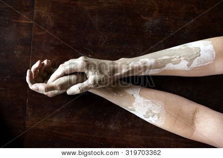 Female Hands In A Wet Clay. Pottery Making.