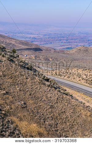 Highway And Plains Seen From The Manastash Vista Point Viewpoint Near Yakima, Washington, Usa
