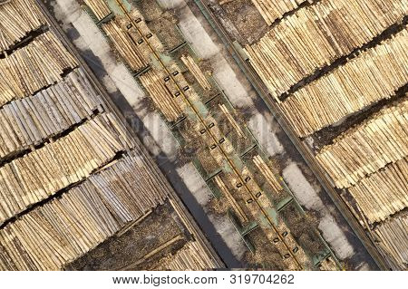 Sawmill Aerial View Chopped Tree Wood Logs Stacks In A Row With Machinery