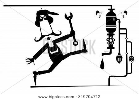 Mechanic With A Big Wrench And Pipe Construction Illustration. Comic Mechanic With A Big Wrench Repa