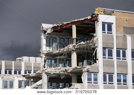 Demolition Of Hotel Collapse Following Bomb Blast Explosion