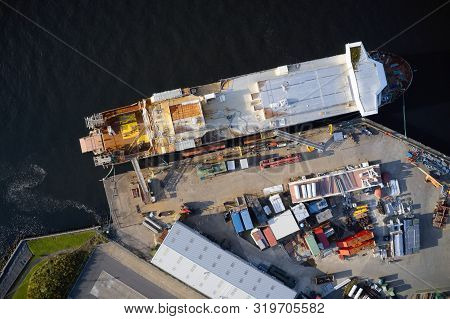 Shipbuilding Construction Ship Aerial View At Shipyard Harbour With Scaffold Uk