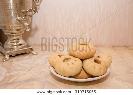 Vak Belyash - Bashkir National Cuisine, Homemade Meat Pies In White Bowl Over Wooden Background