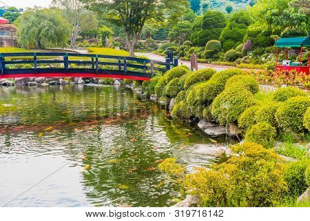 Sejong, South Korea; August 8, 2019: Bridge Over Koi Pond Next To Paved Road At Beartree Park.