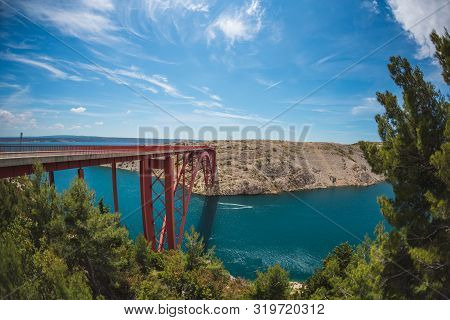 Red Bridge Over The Canyon In Croatia. View From The Bridge To The Canyon In The Krka National Park.