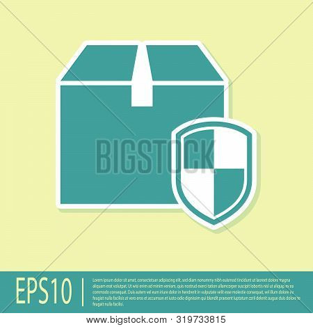 Green Delivery Pack Security Symbol With Shield Icon Isolated On Yellow Background. Delivery Insuran