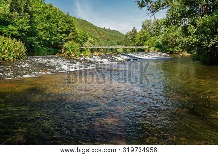 River Dyje With Small Weir And Bridge, National Park Podyji, Czech Republic