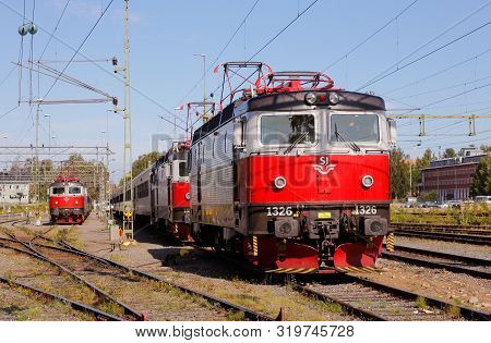 Lulea, Sweden - August 20, 2019: Three Electric Locomotives Class Rc6 Owned By Ssrt At Lulea Central