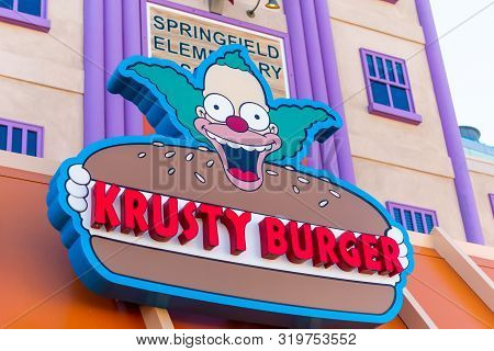 La, Usa - 2nd November 2018: Krusty Burger Sign And Restaurant At Universal Studios Hollywood, La, U