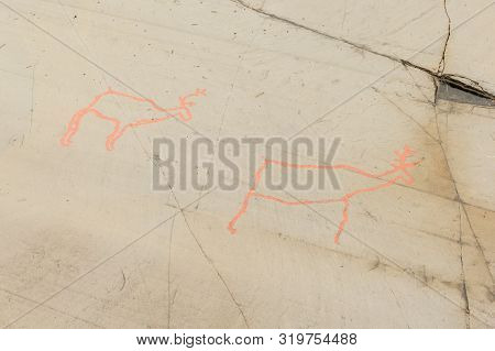 Rock Art In Alta Fjord, Norway. Ancient Symbols, Real Drawing,  Texture In Stone. Red Ocher Paint. H