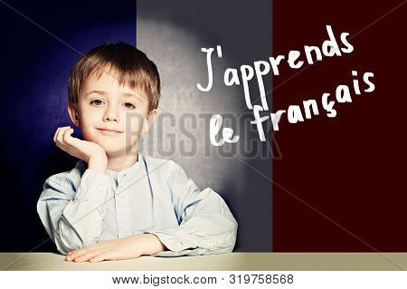 Learn French Language Concept. Happy Child Student And Tittle 