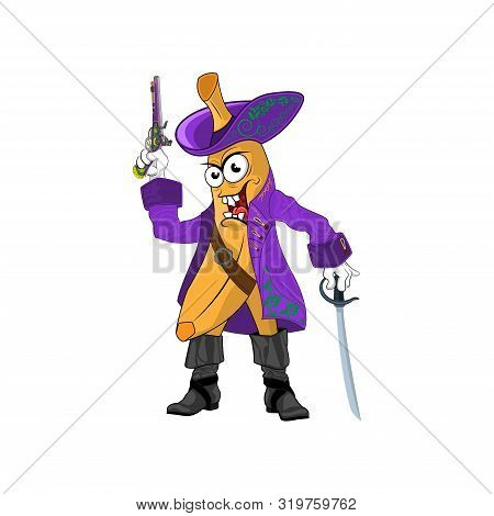 Cartoon Character Banana Pirate, With Saber And Musket Angrily Grins