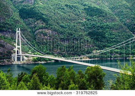 Hardanger Bridge Over Fjord Eidfjorden In Norway, Scandinavia, Hordaland County