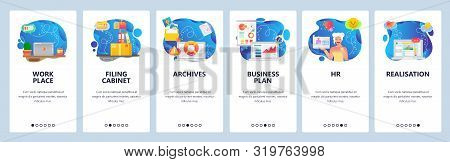 Mobile App Onboarding Screens. Business Charts And Presentation, Office Computer, Work Place, Busine