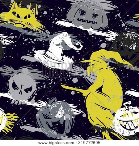 Abstract Seamless Halloween Pattern For Girls, Boys, Clothes. Creative Background With Scary Lement.