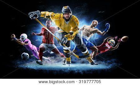 Multi Sport Collage Football Boxing Soccer Ice Hockey On Black Background