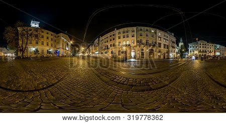 Lviv, Ukraine - August 2019: Full Spherical Seamless Night Hdri Panorama 360 Degrees On Market Squar