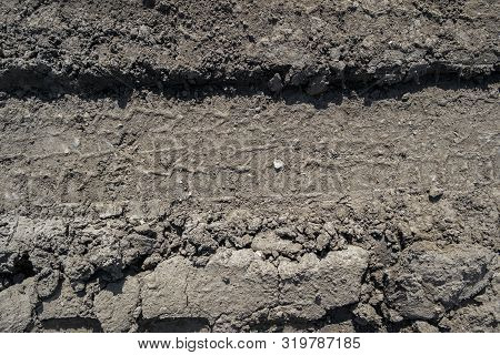 Wheel Tracks On The Soil. Tire Tracks On The Ground. Soil Texture Background. Ground. Soil Closeup A