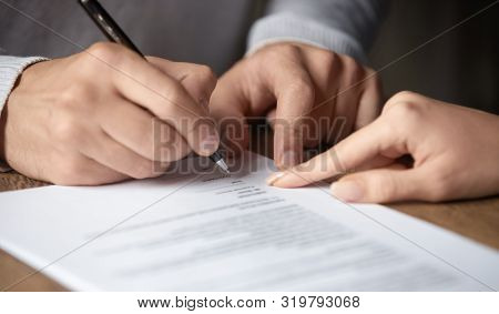 Male Customer Write Signature On Contract Meeting Lawyer Solicitor