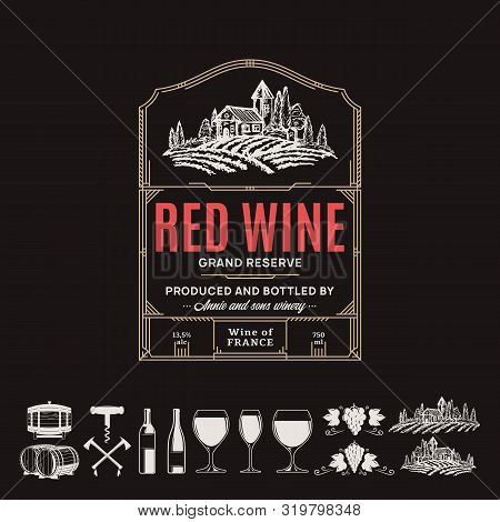 Vector Vintage Thin Line Style Red Wine Label