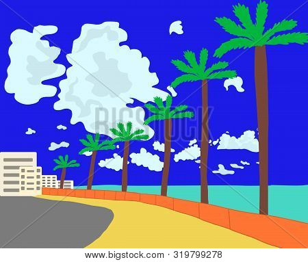 Seafront View On Long Embankment  With Palms. Beautiful Seafront Boulevard With Palm Trees And Flat 