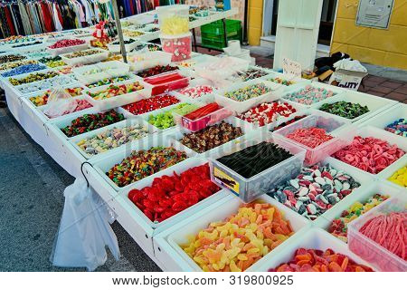 Guardamar, Spain - Oct 3, 2018 : Wednesday Is Market Day In Guardamar And The Streets Are Lined With