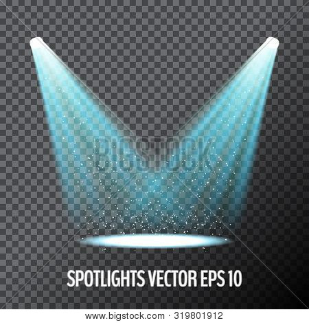 Glowing Blue Spotlights. Pair Of Illumination Stage Lights. Vector Illustration For Your Graphic Des