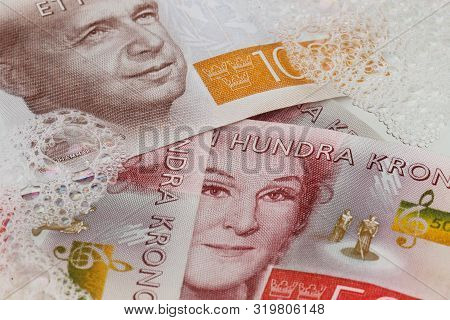 Stockholm, Sweden - August 10, 2019: Swedish Banknotes In Denominations Of 500 And 1000 Krona In Lau