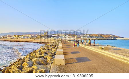 Tarifa, Spain - June 27, 2019. People Enjoying A Sunbathing In The Playa De Los Lances Beach. View F
