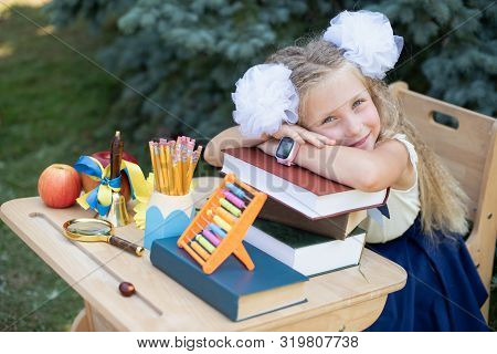 Portrait Of Beautiful First-grader Sitting At Desk On Background Autumn Park.