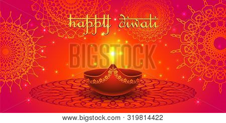Vector Banner India Diwali, Deepavali Festival Of Lights, Red Background Dipavali With Gold Ornament