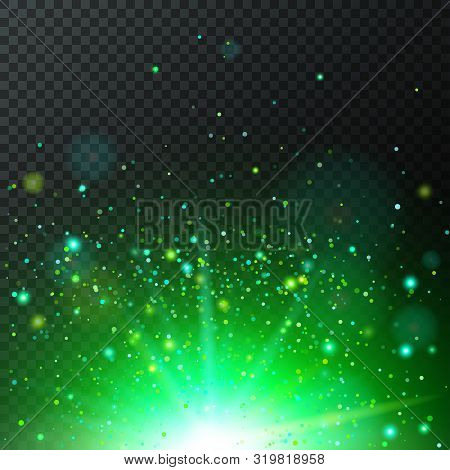 Half Transparent Shining Bright Abstract Star With Green Particles. Magic Confetti Explosion. Vector
