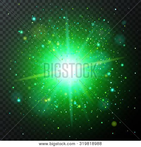 Half Transparent Shining Bright Abstract Star With Green Particles. Magic Confetti Explosion. Vector